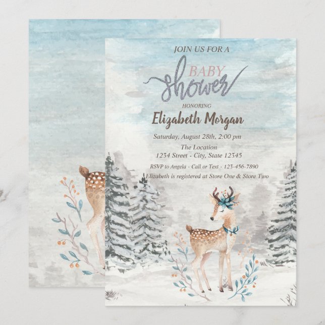 Invitation Baby shower de neige de la forêt de chevreuils (Devant / Derrière)