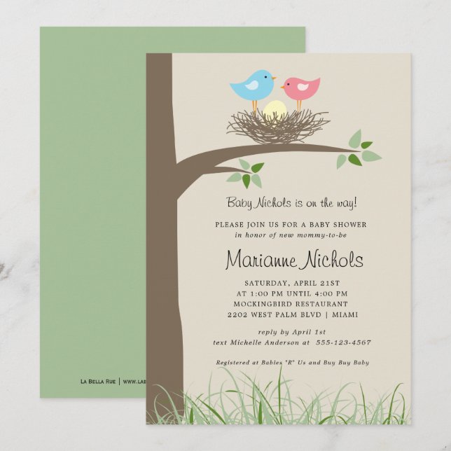 Invitation Baby shower de nid pour bébé garçon Oiseau (Devant / Derrière)