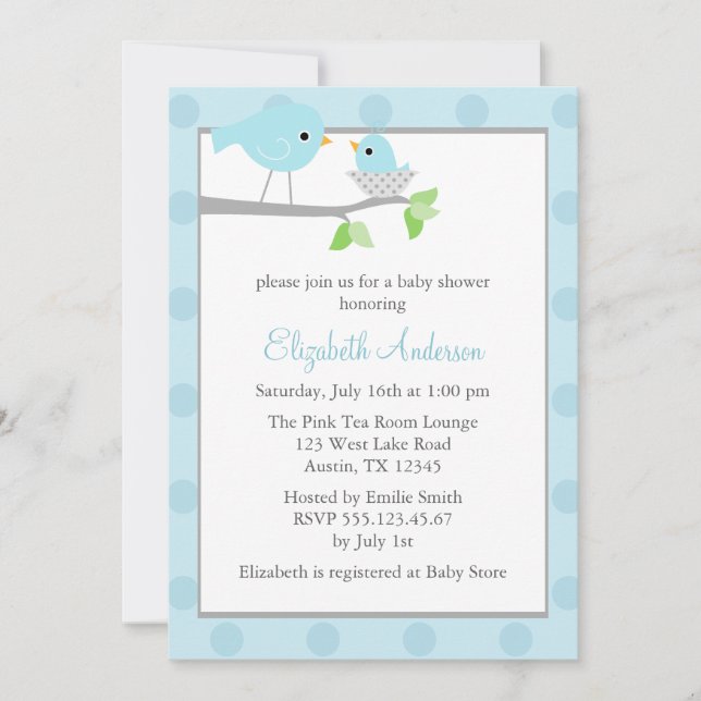 Invitation Baby shower de nids d'oiseaux bleus (Devant)
