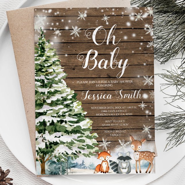 Invitation Baby shower de Noël À feuillage persistant en bois (Créateur téléchargé)