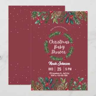Invitation Baby shower de Noël à fleurs rouges et vertes