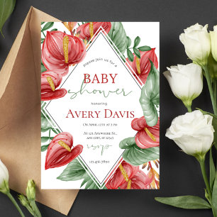 Invitation Baby shower de Noël à fleurs rouges et vertes