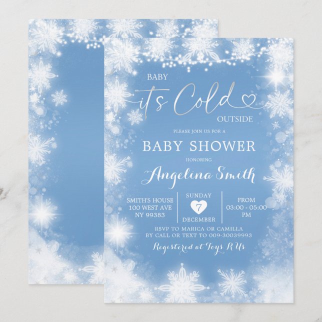Invitation Baby shower de Noël blanc et bleu Invitation7 (Devant / Derrière)