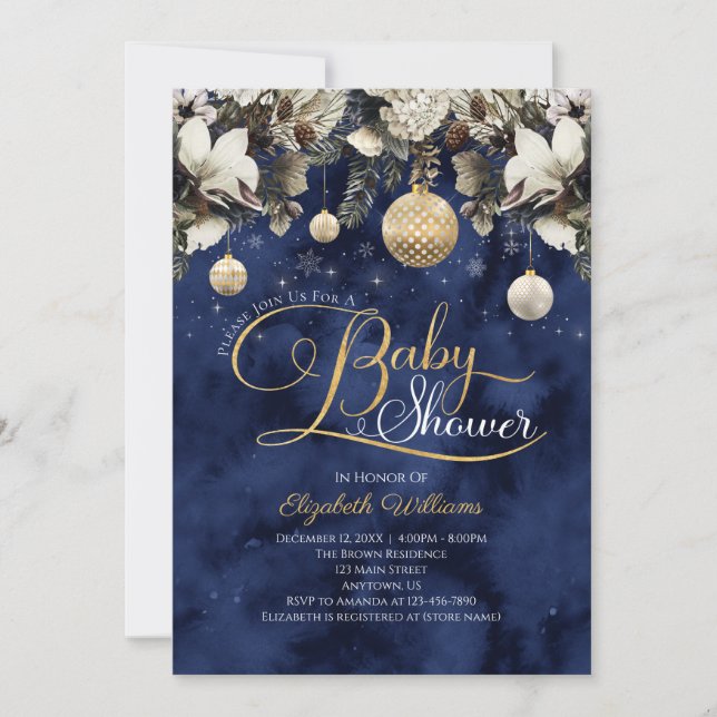 Invitation Baby shower de Noël Blue Gold Floral Ornements (Devant)