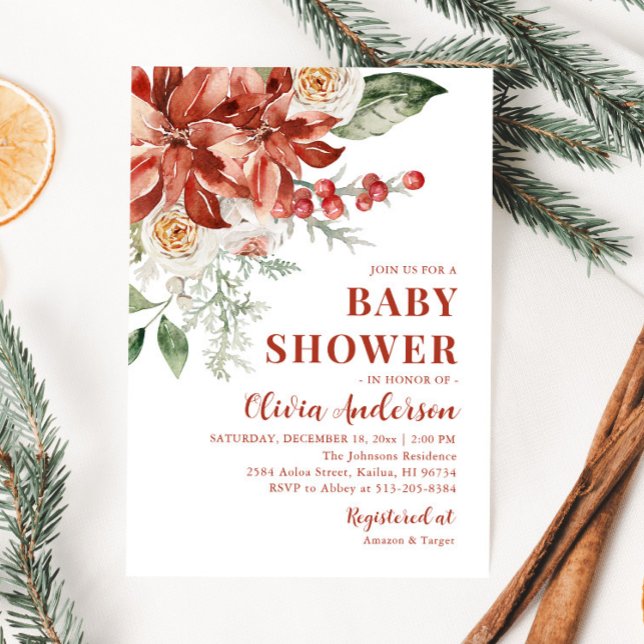Invitation Baby shower de Noël Boho Winter Red Floral (Créateur téléchargé)