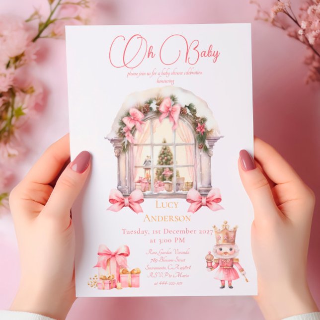 Invitation Baby shower de Noël : Casse-noisette rose aquarell (Créateur téléchargé)