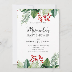 Invitation Baby shower de Noël Elegant Holly Berries