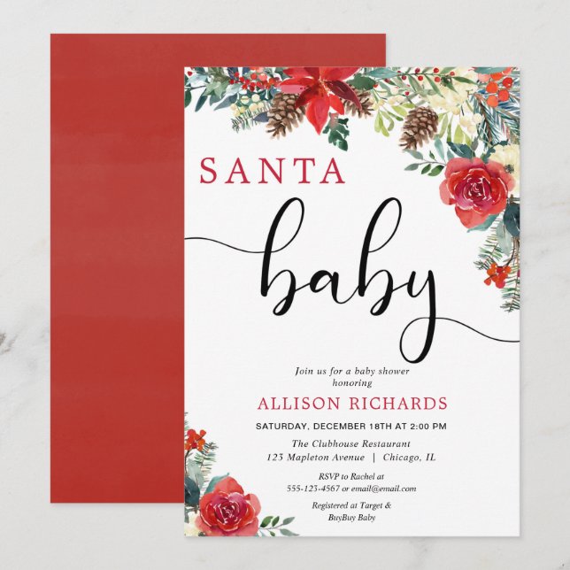 Invitation baby shower de Noël fleuri père Noël (Devant / Derrière)