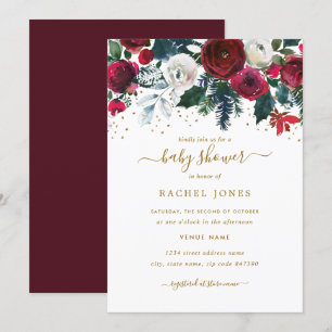 Invitation Baby shower de Noël Floral d'or rouge Bourgogne