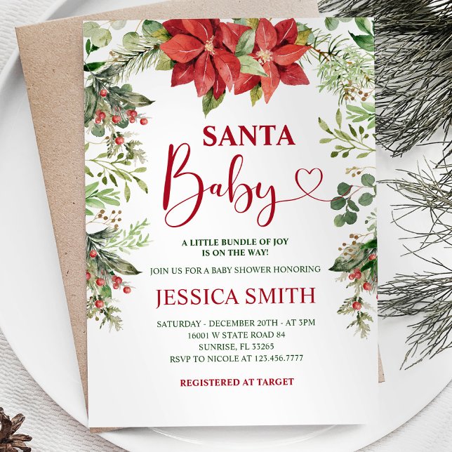 Invitation Baby shower de Noël Floral Père Noël verdoyant (Créateur téléchargé)