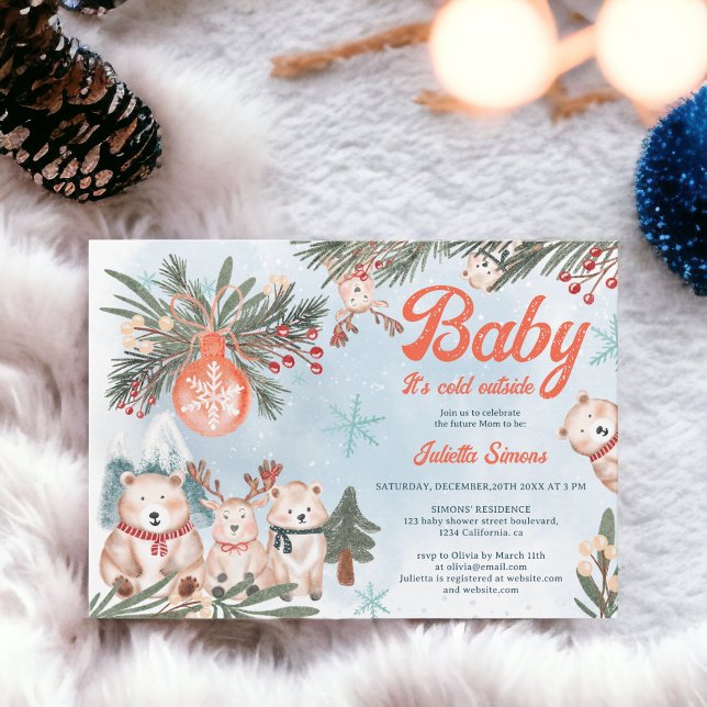 Invitation Baby shower de Noël hivernal pour les animaux de l (Cute Arctic Animals Winter Christmas baby shower Invitation)