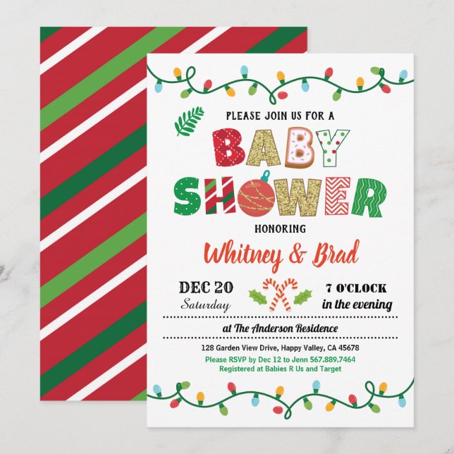 Invitation baby shower de Noël, parti non sexiste (Devant / Derrière)