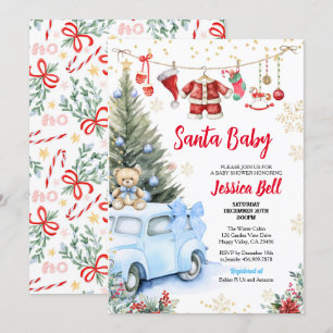 Invitation Baby shower de Noël Père Noël Boy Blue Retro Car