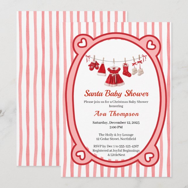 Invitation Baby shower de Noël | Père Noël Vêtements rouge et (Devant / Derrière)