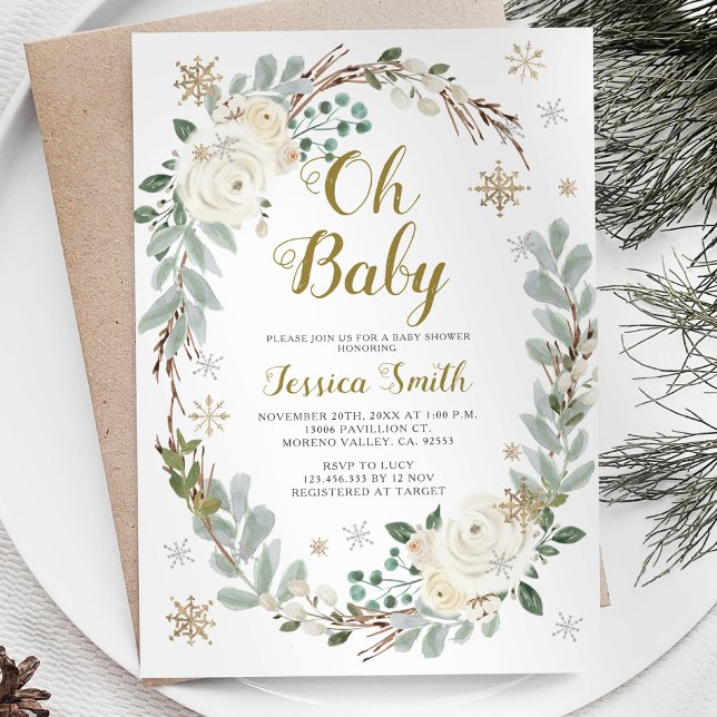 Invitation Baby shower de Noël pour bébé hiver et or (Créateur téléchargé)