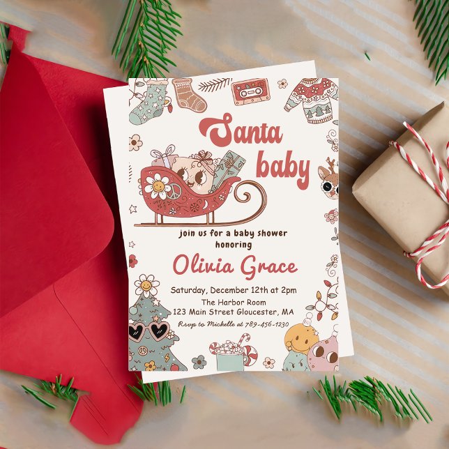 Invitation Baby shower de Noël Retro Père Noël (Créateur téléchargé)