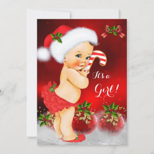 Invitation Baby shower de Noël Rouge Blanc mignon Fille Brune
