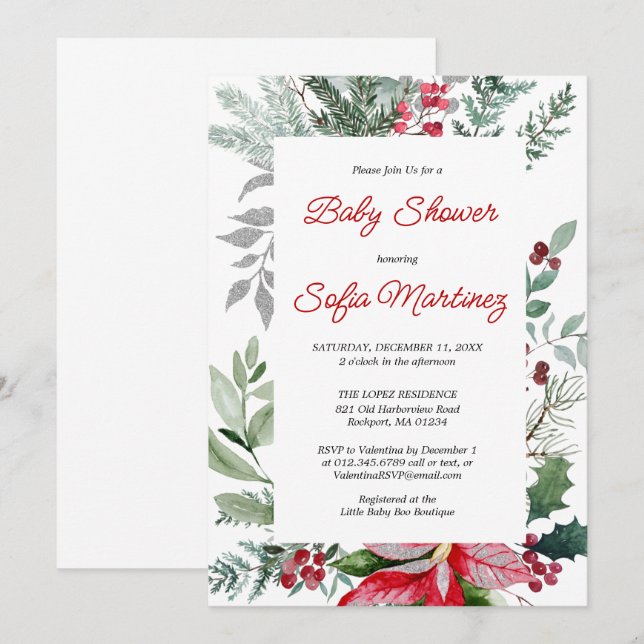 Invitation Baby shower de Noël Rouge Poinsettia (Devant / Derrière)