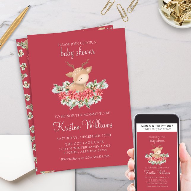 Invitation Baby shower de Noël rouge Poinsettia Little Deer (Red Christmas Poinsettia Theme Little Deer Baby Shower Invitation with Winter Floral Design)