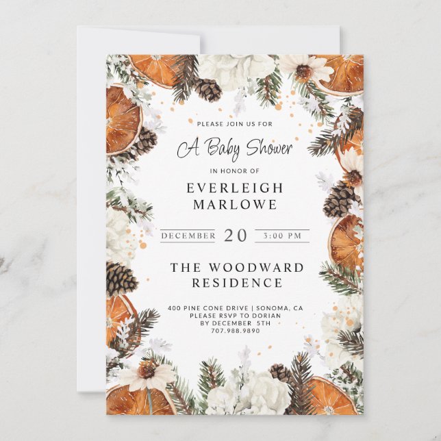 Invitation Baby shower de Noël rustique Citrus Pine (Devant)