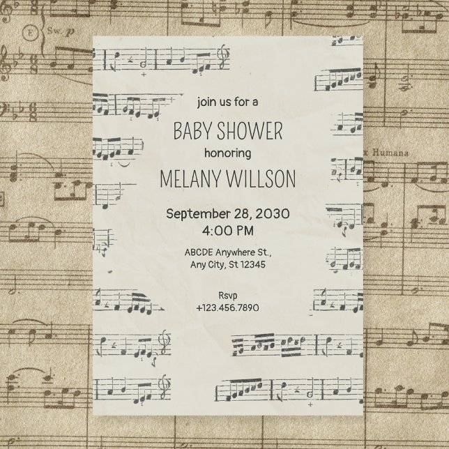 Invitation baby shower de notes musicales en papier vintage (Créateur téléchargé)