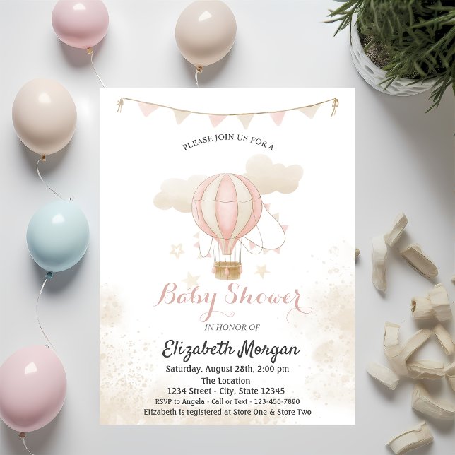 Invitation Baby shower de nuages de ballon à air chaud rose (Créateur téléchargé)