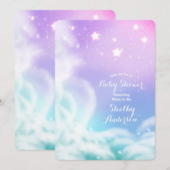 Invitation Baby shower de nuages Whimsical violet rose étince (Devant / Derrière)