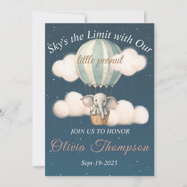 Invitation Baby shower de nuit Elephant Air Balloon (Devant)