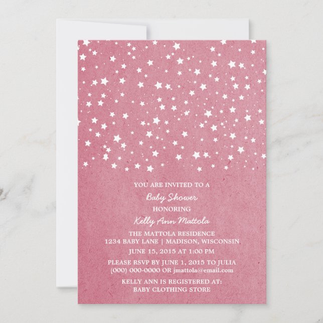 Invitation Baby shower de nuit rose étoilé (Devant)