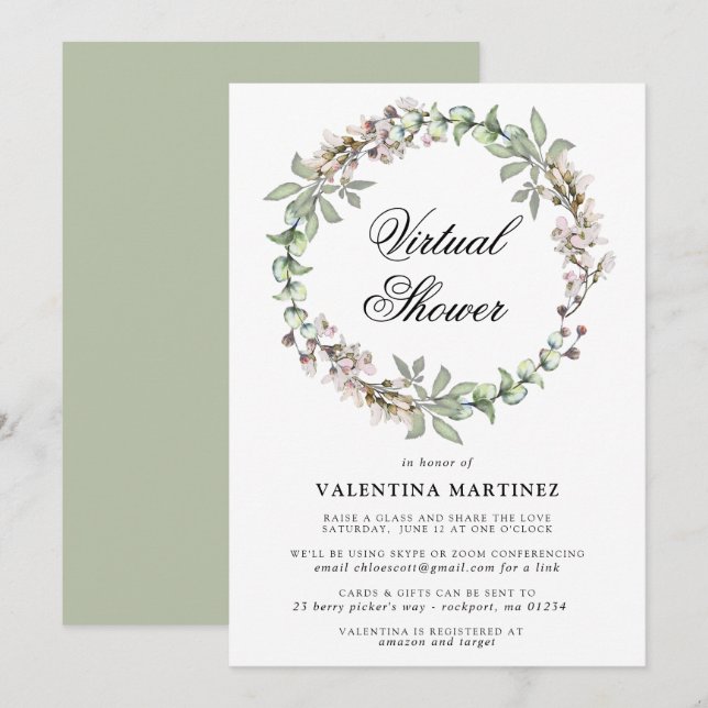 Invitation Baby shower de nuptiale virtuel de couronne botani (Devant / Derrière)