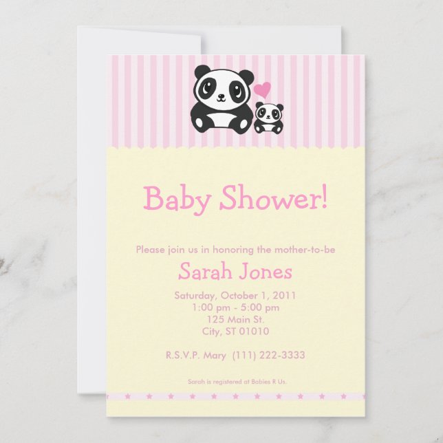 Invitation Baby shower de panda - rose et crème (Devant)