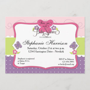 Invitation Baby shower de papillon dans rose et vert pourpres