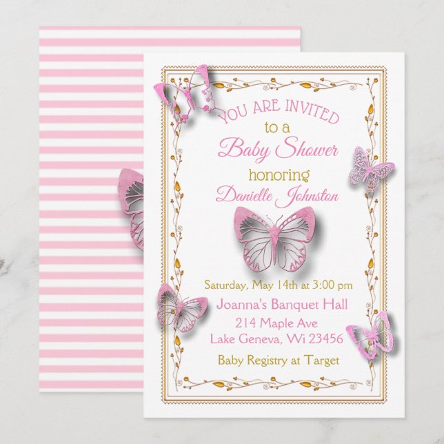 Invitation Baby shower de papillon de petite fille personnali (Devant / Derrière)