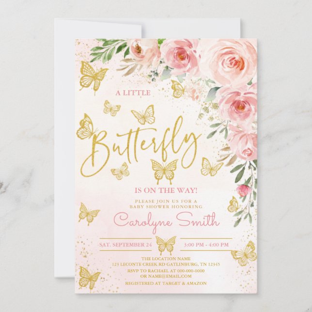 Invitation Baby shower de papillon rose (Devant)