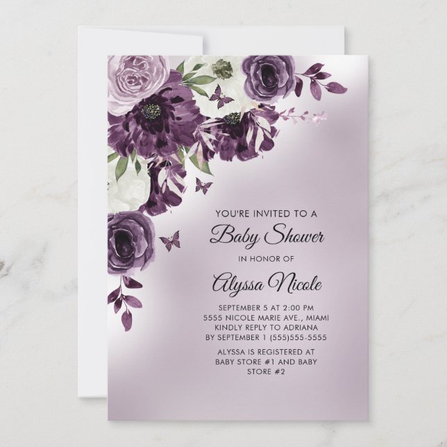 Invitation Baby shower de papillons aux fleurs blanches viole (Devant)
