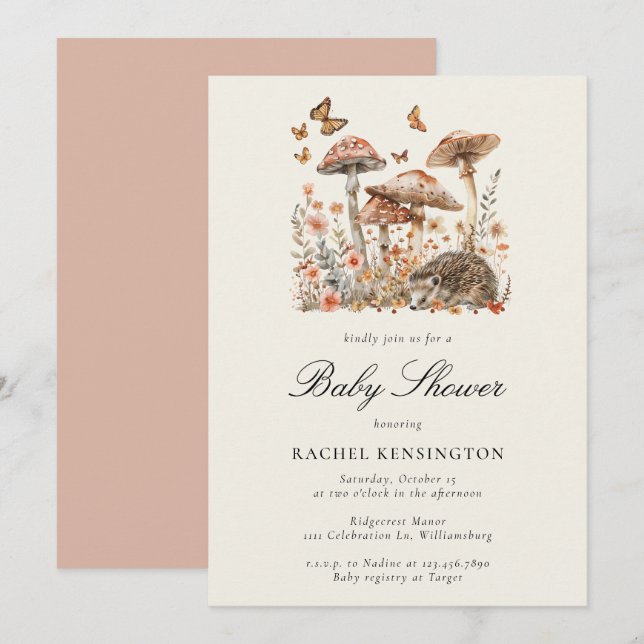 Invitation Baby shower de papillons de champignon Woodland Hé (Devant / Derrière)