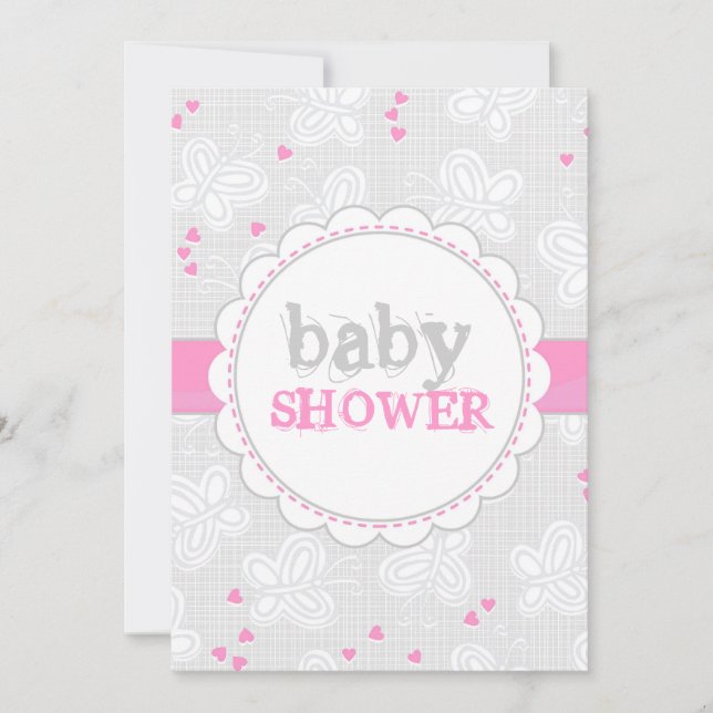 Invitation baby shower de papillons gris rose (Devant)