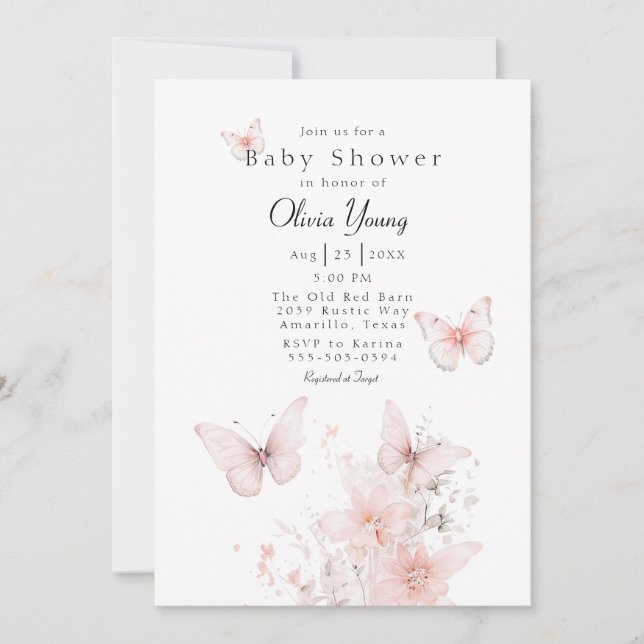 Invitation Baby shower de papillons roses (Devant)