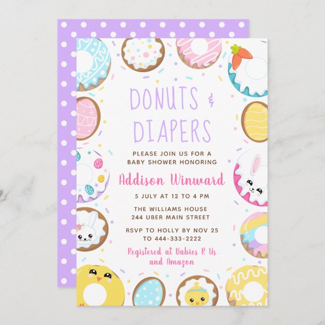 Invitation Baby shower de Pâques Donuts (Devant / Derrière)