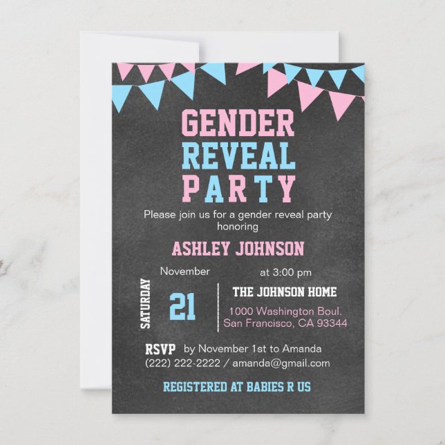 Invitation Baby shower DE PARTIE RÉVÉLÉE SEXUELLE du tableau  (Devant)