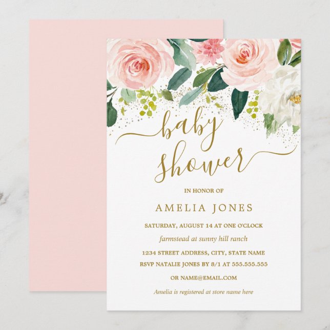 Invitation Baby shower de Parties scintillant d'or rose flora (Devant / Derrière)