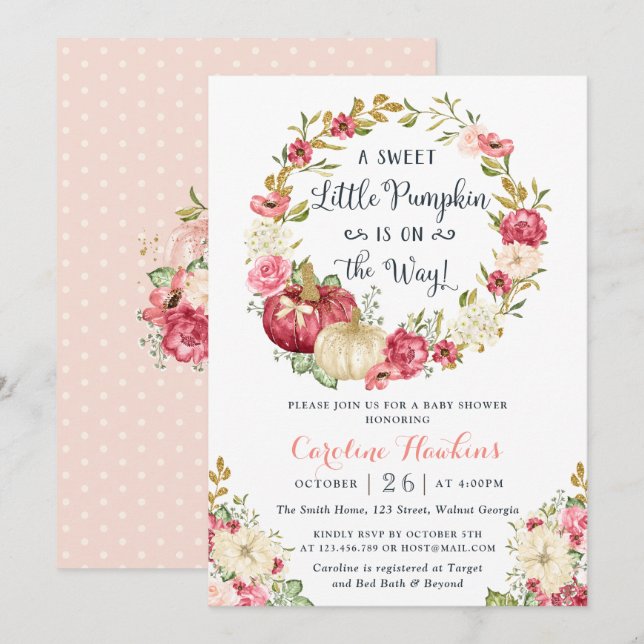 Invitation Baby shower de Parties scintillant floral Citrouil (Devant / Derrière)