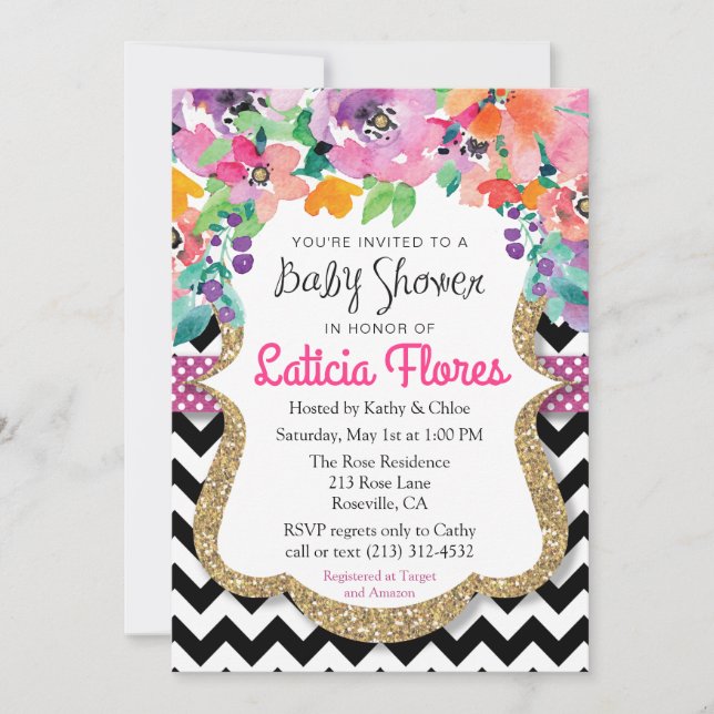 Invitation Baby shower de Parties scintillant florale Aquarel (Devant)