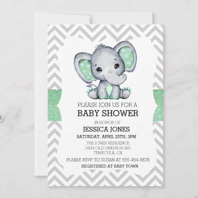 Invitation Baby shower de Parties scintillant Green Elephant  (Devant)