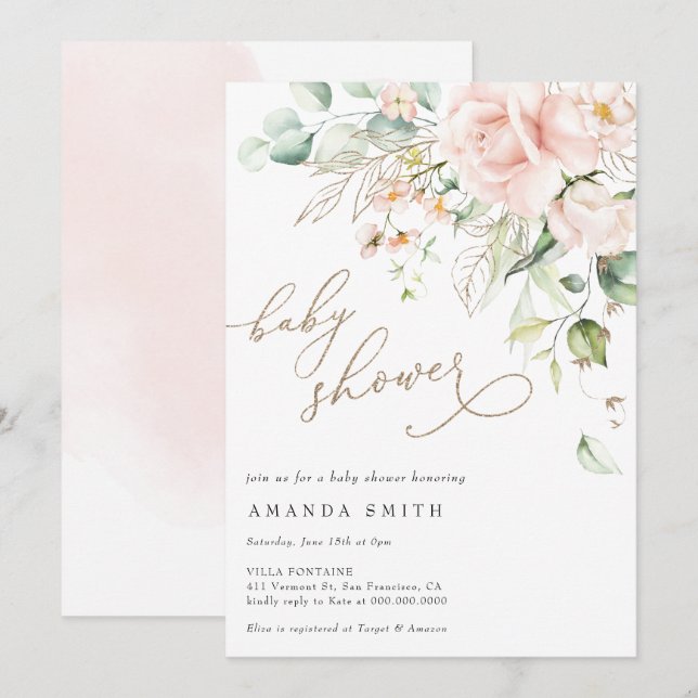 Invitation Baby shower de Parties scintillant rose floral moe (Devant / Derrière)