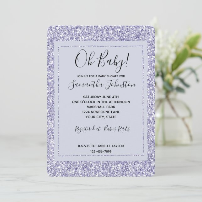 Invitation Baby shower de Parties scintillant violet Lavender (Debout devant)