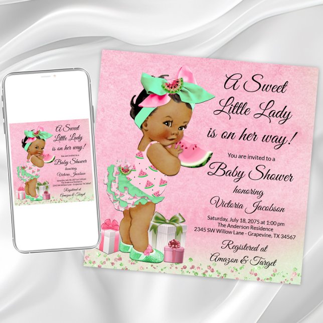 Invitation Baby shower de pastèque afro-américaine pour fille (Cute watermelon baby shower invitation. Instant download and printed invitations available.)