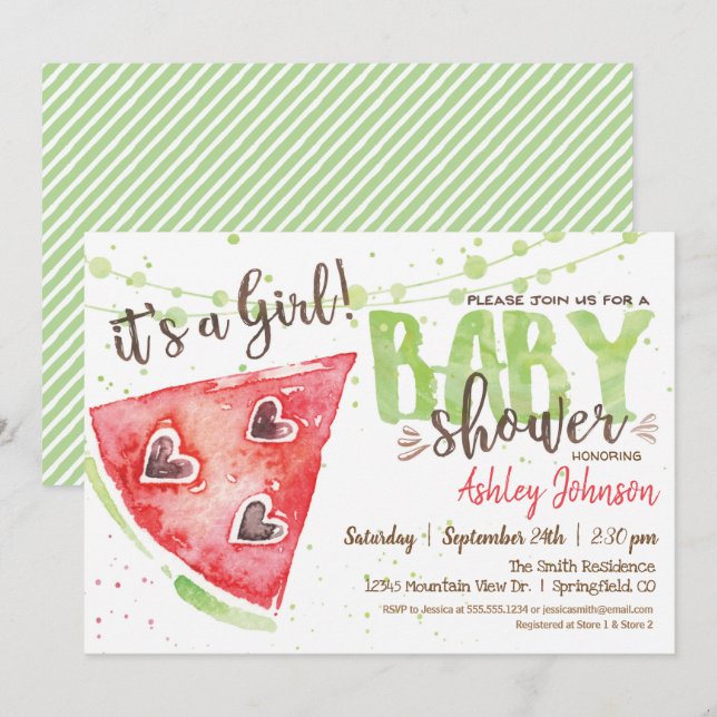 Invitation Baby shower de pastèque, Fille (Devant / Derrière)