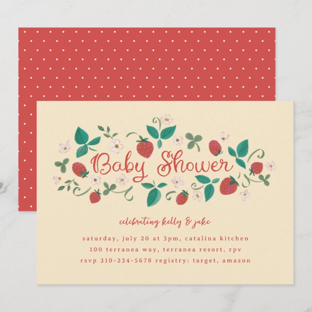 Invitation Baby shower de patchs fraises (Devant / Derrière)