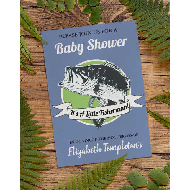 Invitation Baby shower de pêche C'est un petit pêcheur (Baby shower fishing invitation in blue. It's a little fisherman)
